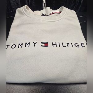 Tommy Hilfiger Men's White Crewneck Sweater Sz Large Classic Logo Knit Pullover